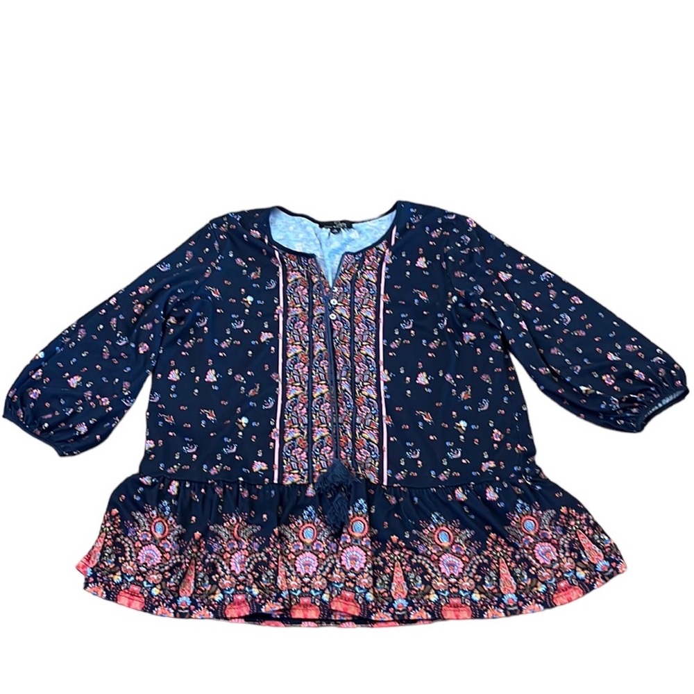 Suzanne Betro boho blue floral ruffle bottom peplum knit top 1x